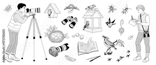 Peoples birdwatching, man and women with binoculars, camera and notepad in outdoor clothes and set elements about birdwatching