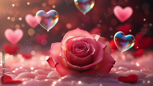 Red rose in a bottle and bobble heart shaped with valentine themed background