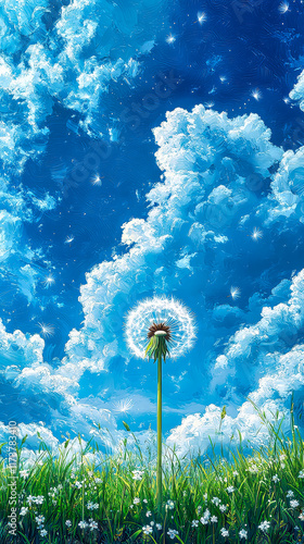 Dandelions dance with whispers of the breeze under a vibrant sky filled with fluffy clouds. photo