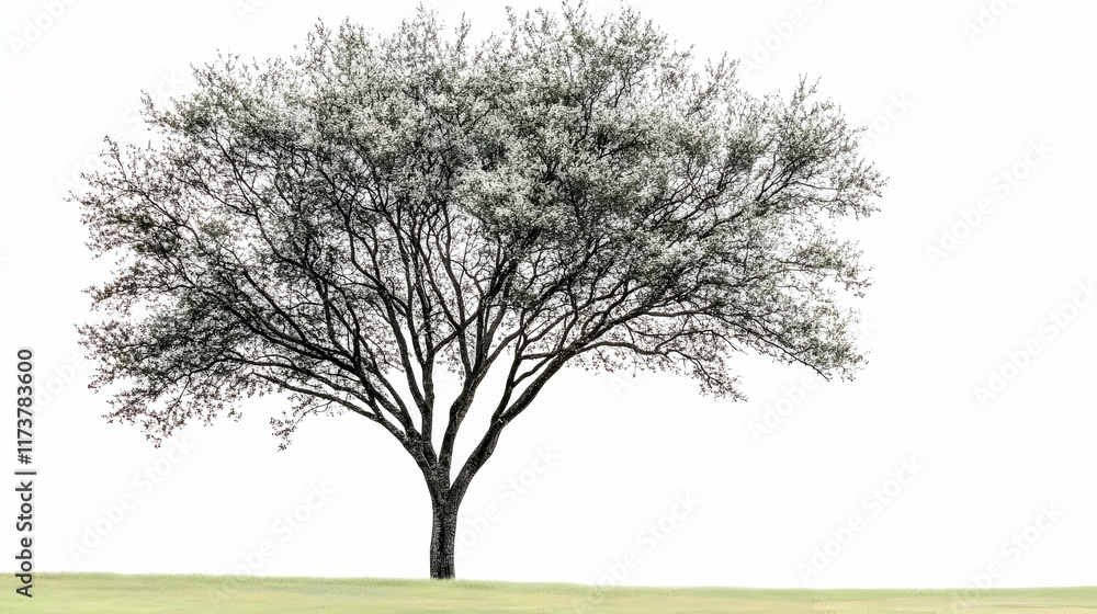 Single tree on green grass against white background, ideal for landscaping design or environmental projects.