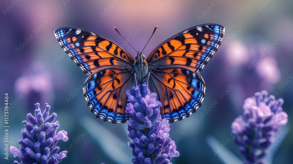 Fototapeta premium A vibrant butterfly perched on lavender flowers in a serene setting.