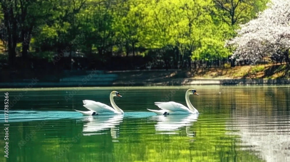 Elegant swans gliding on serene lake amidst lush spring foliage Elegant swans gliding on serene lake amidst lush spring foliage