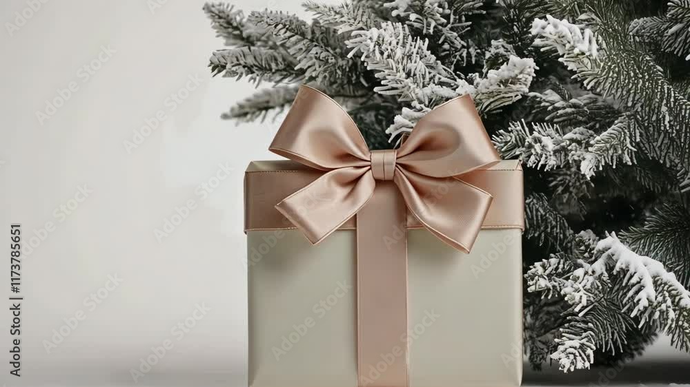 Elegant gift box with pink bow under snowcovered tree branches Elegant gift box with pink bow under snowcovered tree branches