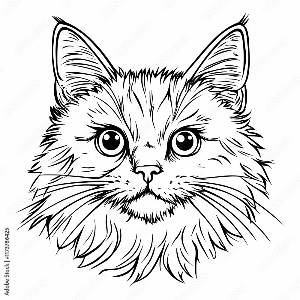 Detailed illustration of a fluffy cat's face with prominent eyes and whiskers on a plain background. Generative AI Detailed illustration of a fluffy cat's face with prominent eyes and whiskers on a plain background. Generative AI