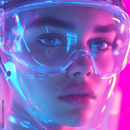 Close-up portrait of a girl wearing a face shield transparent eyeglasess with neon blue lights reflecting on the surface of the visor. The girl's eyes are directed forward. pink and purple hues photo