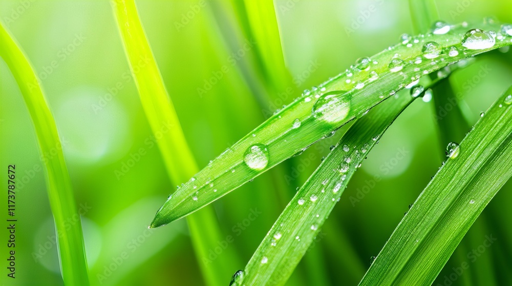 Naklejka premium Close-up of dew drops on blades of vibrant green grass. Fresh, natural, and serene.