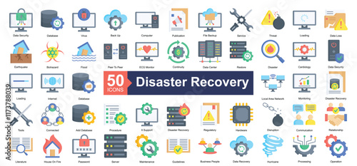 Disaster Recovery Icon Collection Set.Containing data security, database, virus, back up, computer, publication, file backup, service, threat icon. Simple flat style Vector Illustration.	