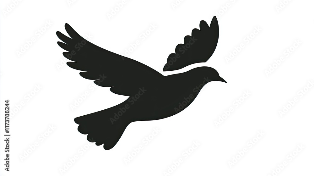 Fototapeta premium Silhouette of a black bird in mid-flight against a clean white background, symbolizing freedom and ideas taking flight.
