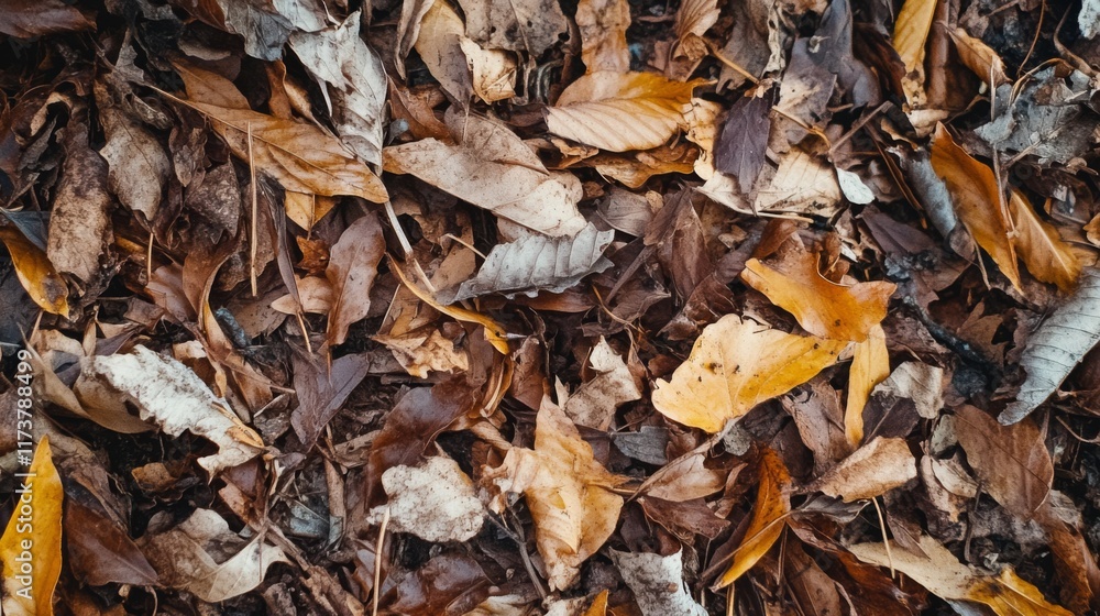 Close-up of fallen autumn leaves on forest floor.