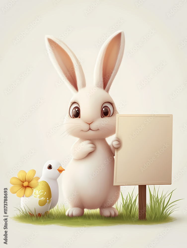 Obraz premium Cute rabbit holding a blank sign with a chick and a flower in a grassy setting. Generative AI