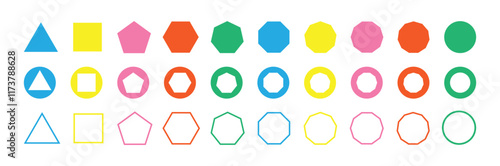 Various number of geometric shape. Different types of regular polygons. triangle, square, pentagon, hexagon, heptagon, octagon, nonagon, decagon, hendecagon, dodecagon vector. Colorful geometric shape