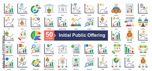 Initial Public Offering Icon Collection Set.Containing public offering, treasury, share, investors, bank, market, volatility icon. Simple flat style Vector Illustration.