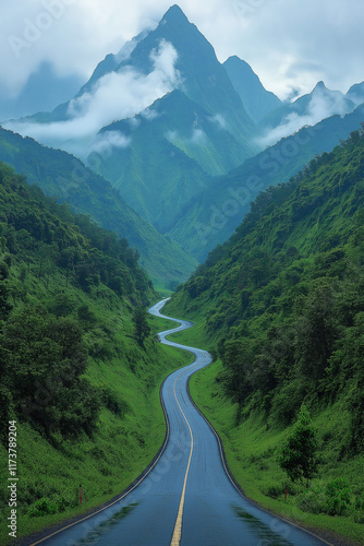 Photo réaliste professionnelle d’une route sinueuse traversant des montagnes verdoyantes