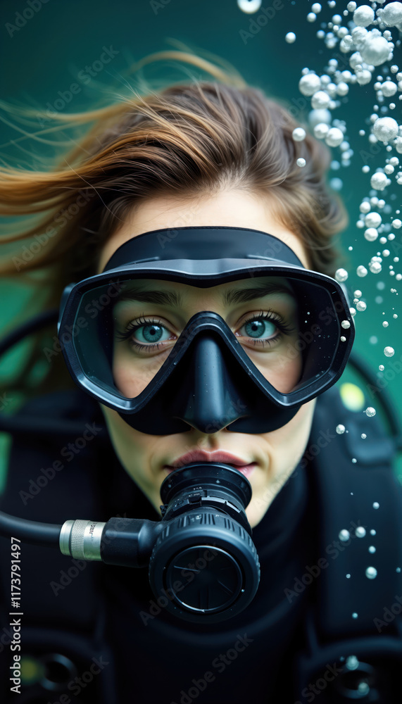 Female diver underwater with mask, respirator. Diver in dark suit. Air bubbles around. Looks focused, determined. Possibly rescue scientific mission in contaminated water. Dark environment Female diver underwater with mask, respirator. Diver in dark suit. Air bubbles around. Looks focused, determined. Possibly rescue scientific mission in contaminated water. Dark environment