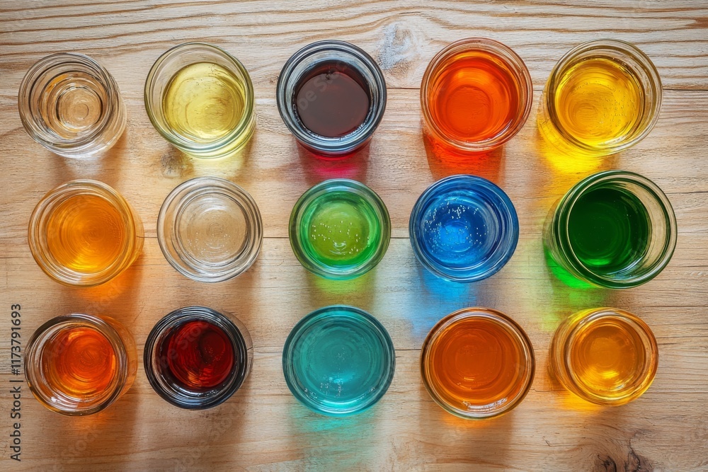 Colorful Glass Containers on Table Colorful Glass Containers on Table
