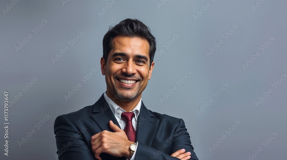 Smiling confident latin hispanic mature business man standing crossed arms on grey background Smiling confident latin hispanic mature business man standing crossed arms on grey background