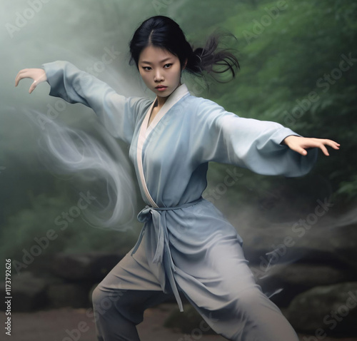 Young Asian woman practicing Tai Chi in the park on a foggy morning. Healthy traditional Chinese martial art concept. generative Ai photo