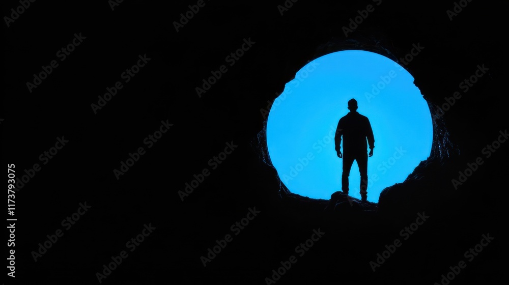 Fototapeta premium Silhouette of a man standing in a dark cave, illuminated by a bright blue circle.
