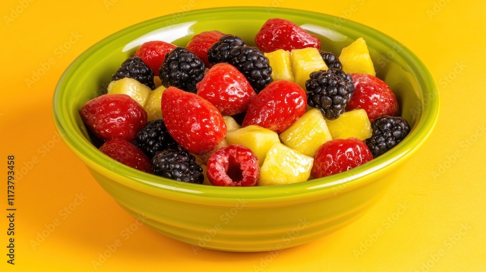 Fresh fruit salad in a green bowl on a yellow background. Fresh fruit salad in a green bowl on a yellow background.