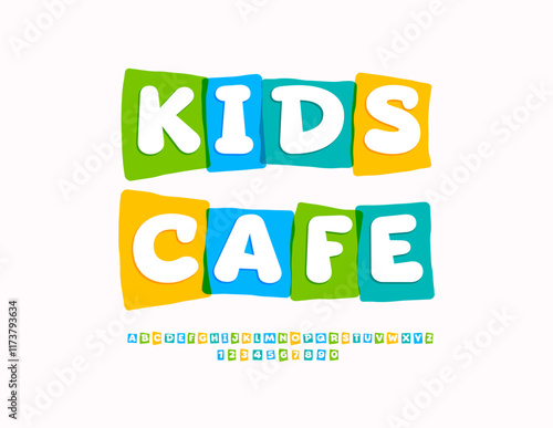Vector artistic template Kids Cafe with Unique Colorful Font. Playful Watercolor Alphabet Letters and Numbers set