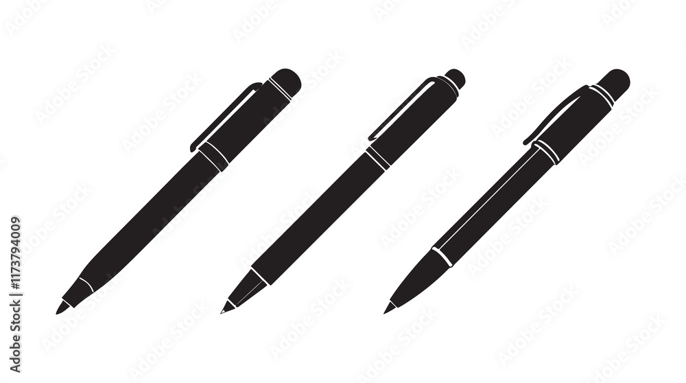 set of pen silhouette, black and white silhouette, vector and illustration set of pen silhouette, black and white silhouette, vector and illustration