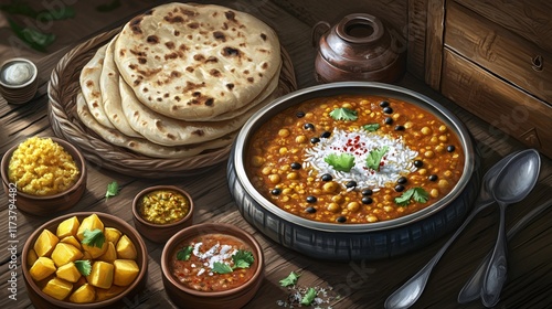 A vibrant spread of traditional Indian dishes showcasing a bowl of dal and freshly made naan bread. photo