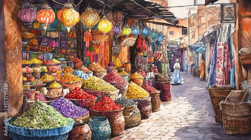 Vibrant Moroccan Market:  A captivating watercolor painting of a bustling marketplace in Morocco, brimming with vibrant colors and textures.  The scene captures the essence of traditional commerce.