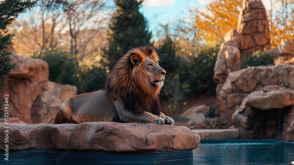 Obraz premium Majestic male lion resting on rock near water, zoo habitat.