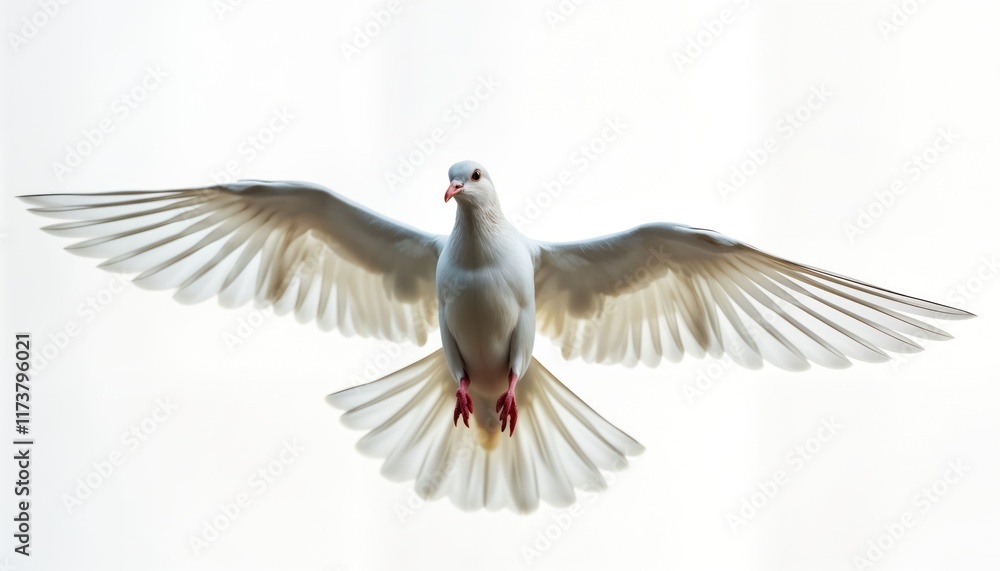 Obraz premium White dove soaring in sky. Pure white bird spreading wings. Beautiful image of flight, freedom. Symbol of peace, hope. Perfect for various concepts like peace religion spiritual themes. Isolated on