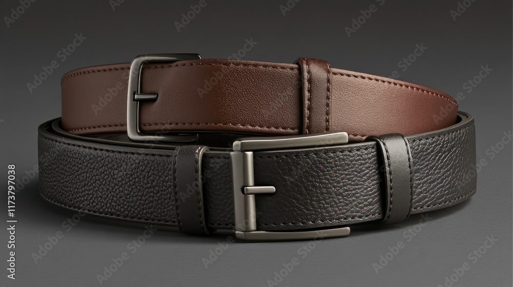 Two leather belts, brown and black, with silver buckles, stacked on a gray background. Two leather belts, brown and black, with silver buckles, stacked on a gray background.