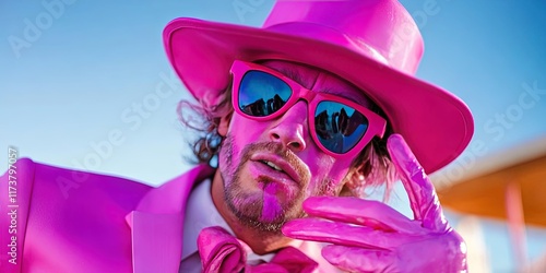 man wearing pink suit, pink sunglasses, pink face, pink makeup, pink paint, pink gloves, pink hat 