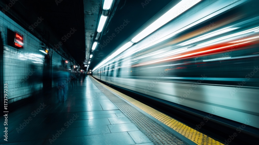 Motion-blurred subway train speeding through a station platform with blurred passengers waiting.