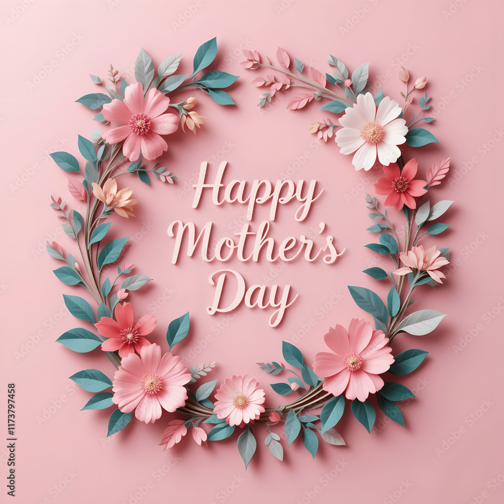 Obraz premium Elegant Mother’s Day Greeting Card with Paper-Cut Flowers and Foliage on a Soft Pastel Pink Background