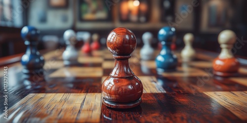 Chessboard with pieces arranged for a game indoors under soft light photo