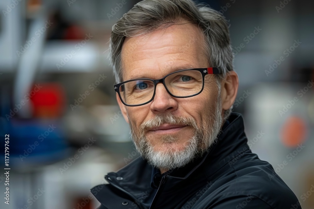 Laughing male janitor with a well-groomed beard and glasses in an office portrait. Laughing male janitor with a well-groomed beard and glasses in an office portrait.