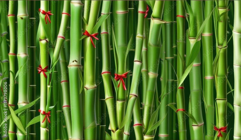 Fototapeta premium A dense grove of tall, slender bamboo stalks bathed in warm sunlight, creating a serene and tranquil scene.