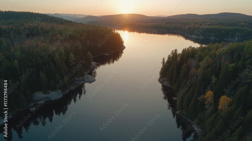 Fototapeta premium Sunset over calm lake nestled in forest, aerial view.