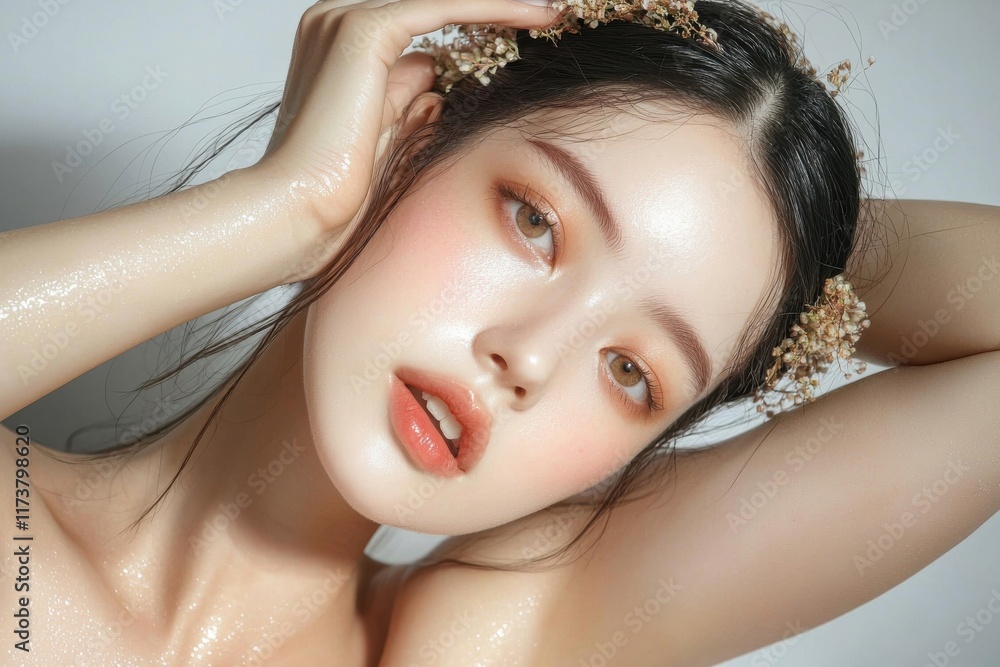 Naklejka premium Radiant skin beauty with floral crown studio portrait natural light close-up aesthetic concept