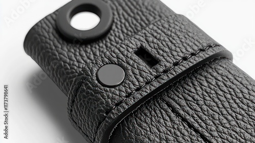 Close-up of black leather case with stitching and metallic accents. photo