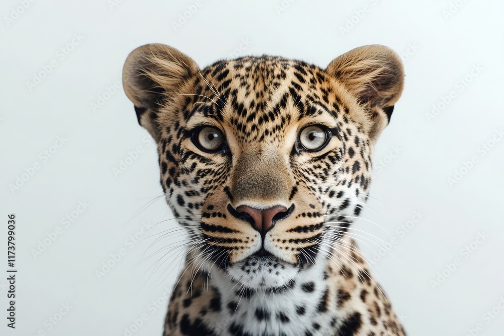 Fototapeta premium Leopard cub staring with intense gaze on white background
