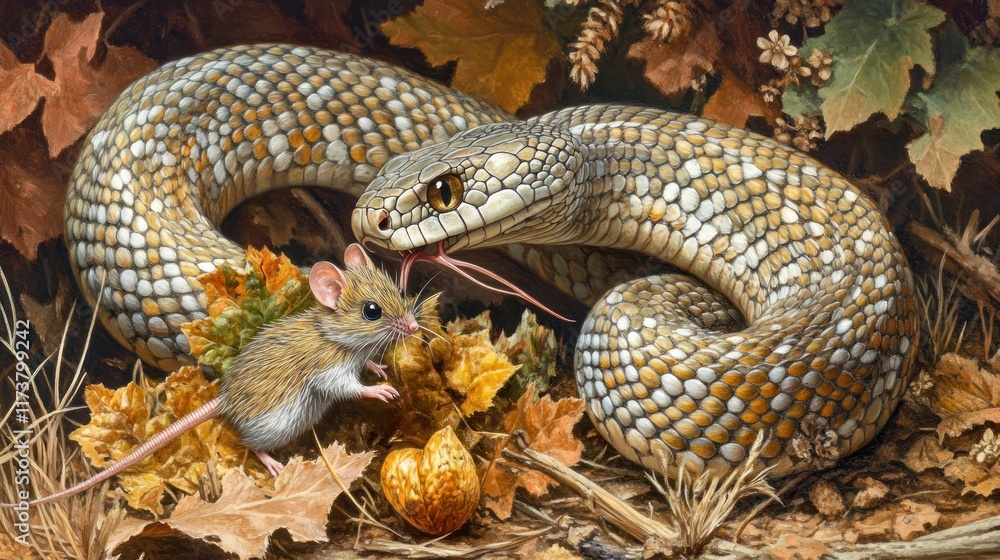 Fototapeta premium A snake coiled around a mouse amidst autumn leaves.