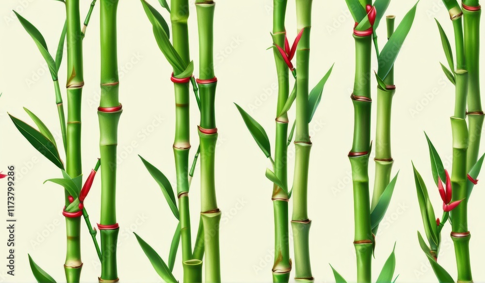Obraz premium A dense grove of tall, slender bamboo stalks bathed in warm sunlight, creating a serene and tranquil scene.