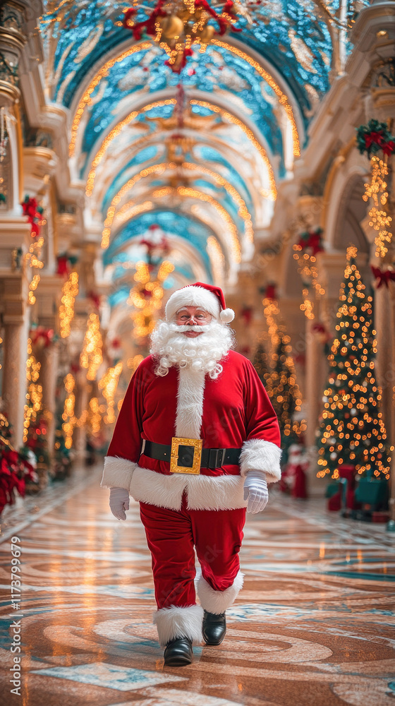 Santa claus walking in luxurious christmas decorated shopping mall Santa claus walking in luxurious christmas decorated shopping mall