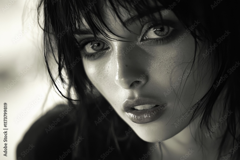 Portrait of a young woman with dramatic lighting and a pensive look Portrait of a young woman with dramatic lighting and a pensive look