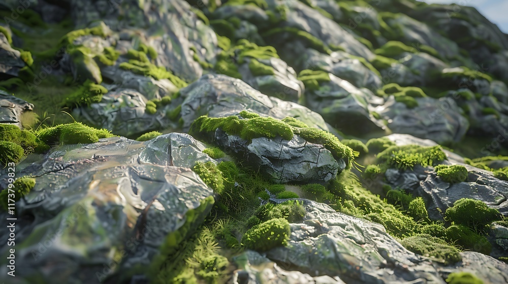 A realistic close-up of moss-covered rock with intricate natural textures A realistic close-up of moss-covered rock with intricate natural textures