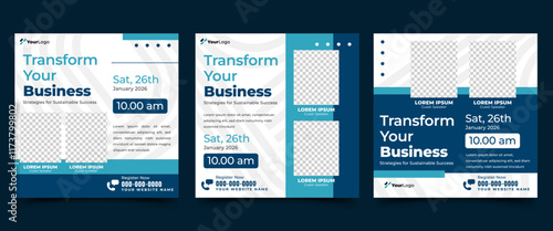 Set of professional business event social media templates designed for promoting seminars, workshops, or conferences