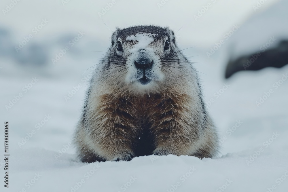 Obraz premium Marmot emerging from snow burrow in winter wonderland