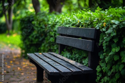 Empty wooden bench surrounded by lush greenery in a park photo