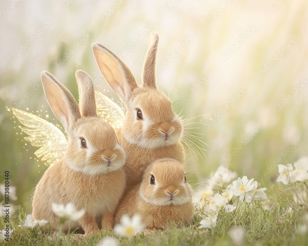 Enchanting family of bunnies with shimmering wings in a flower-filled meadow whimsical fantasy scene Enchanting family of bunnies with shimmering wings in a flower-filled meadow whimsical fantasy scene