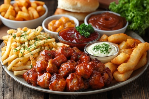 Close-up of a platter with assorted snacks and sauces served at a party photo